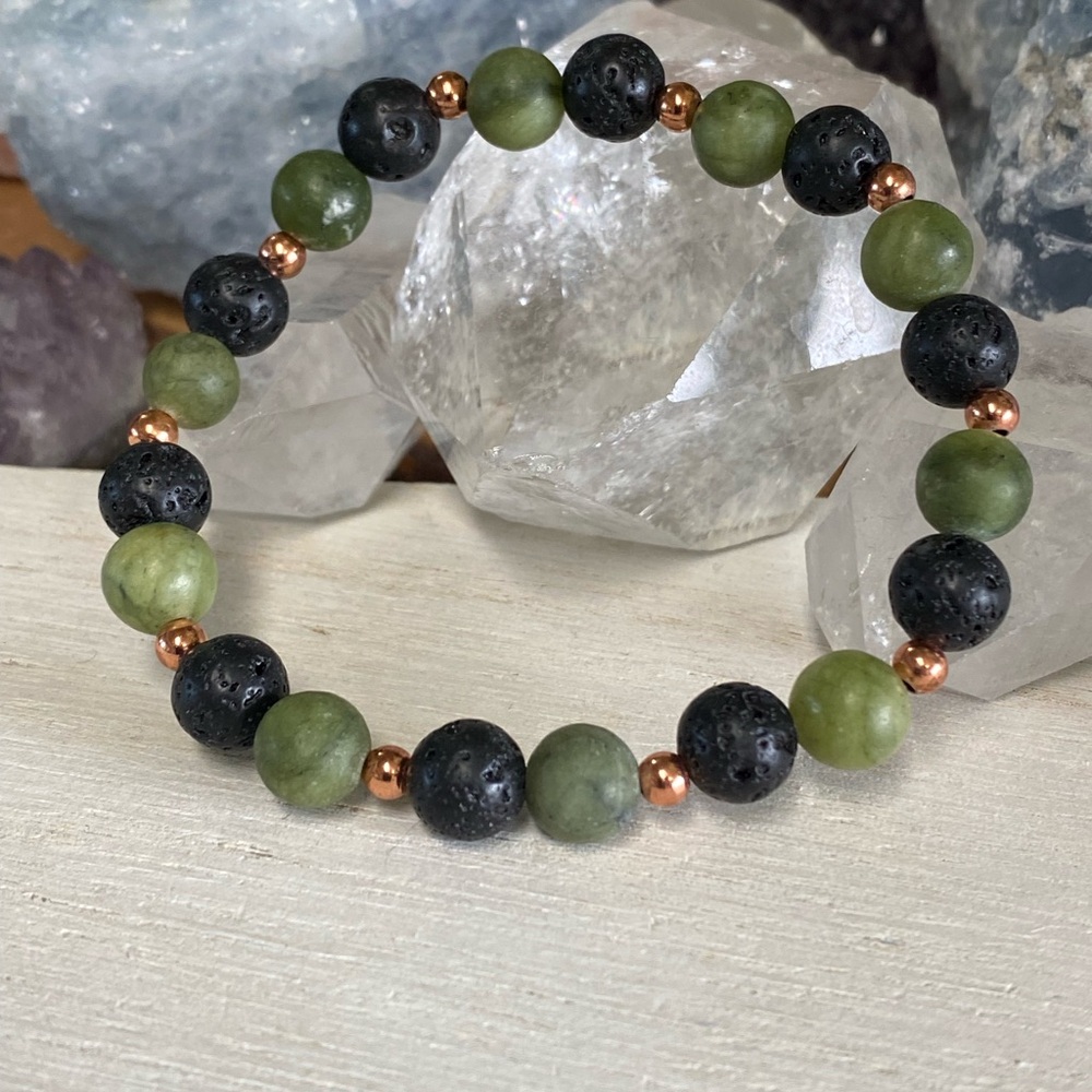 2/$30  8mm Jade & Lava Gemstone Bracelet with Copper Toned Accents - Unisex - Picture 2 of 3